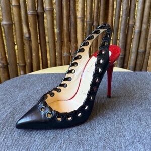 Christian Louboutin Black Leather Whipstitch Ostri Slingback Sandals